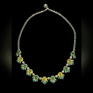WEISS Signed Vintage Green and Yellow Necklace with Graduated Rhinestones